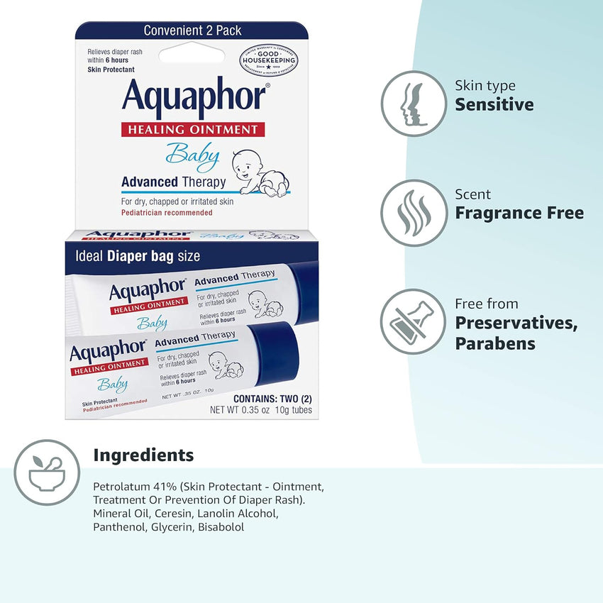 Aquaphor Baby Healing Ointment Advanced Therapy Skin Protectant for Chapped or Dry Skin, Drool Rash and Diaper Rash Ointment, Hypoallergenic Baby Essentials, Travel Size, 0.35 Oz Tube, Pack of 2 - 7DAY'S