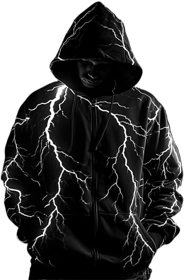 Autumn and winter new lightning pattern zipper hoodie men's fashion long sleeve 3D printed zipper sweater - 7DAY'S
