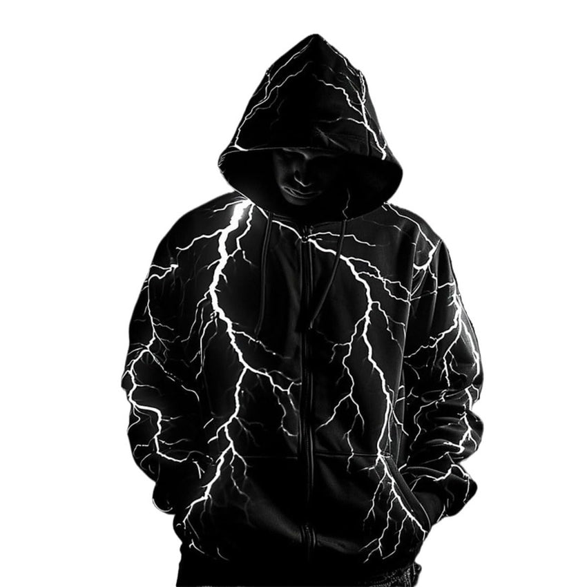 Autumn and winter new lightning pattern zipper hoodie men's fashion long sleeve 3D printed zipper sweater - 7DAY'S