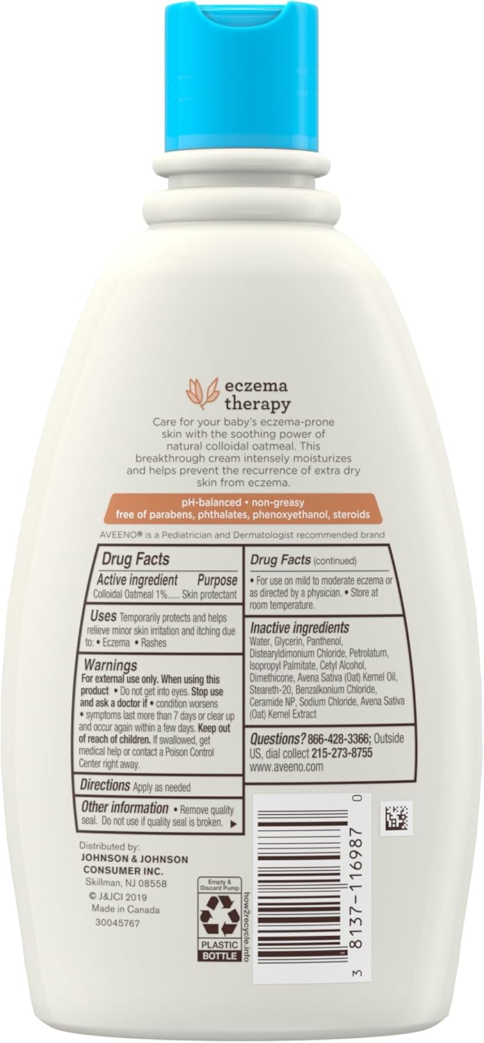 Aveeno Baby Eczema Therapy Moisturizing Cream, Natural Colloidal Oatmeal & Vitamin B5, Baby Cream for Dry, Itchy, Irritated Skin Due to Eczema, Paraben - & Steroid - Free, 12 fl. oz - 7DAY'S