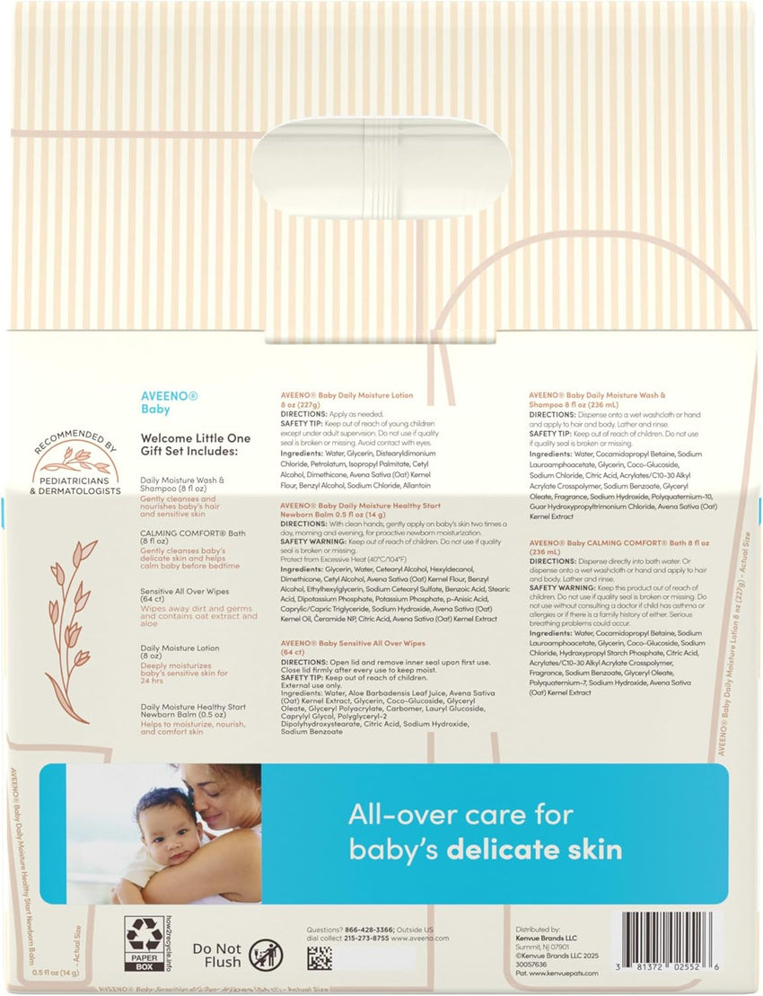 Aveeno Baby Welcome Little One Gift Set, Baby Skincare Set with Nourishing Baby Body Wash & Shampoo, Calming Bath Wash, All Over Baby Wipes, Daily Moisturizing Lotion, & Baby Balm, 5 Items - 7DAY'S