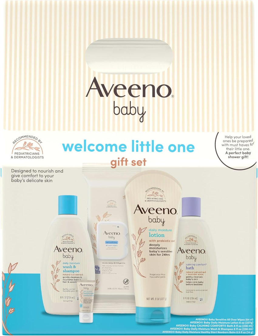 Aveeno Baby Welcome Little One Gift Set, Baby Skincare Set with Nourishing Baby Body Wash & Shampoo, Calming Bath Wash, All Over Baby Wipes, Daily Moisturizing Lotion, & Baby Balm, 5 Items - 7DAY'S