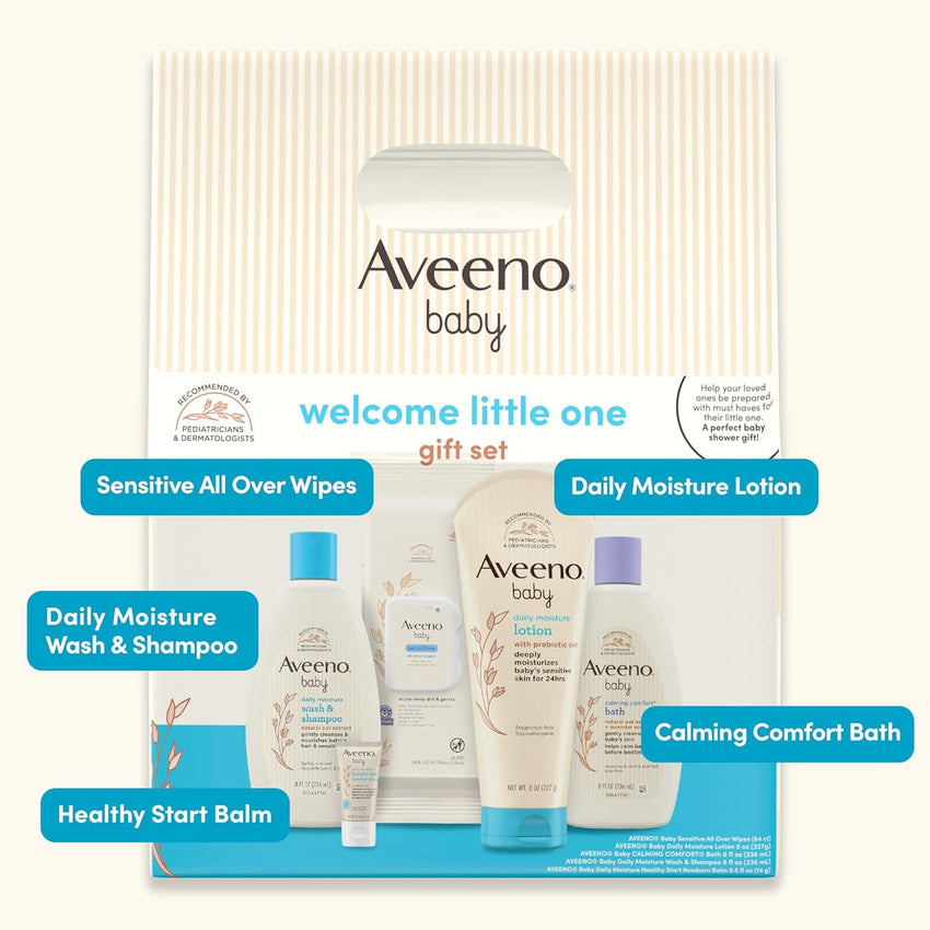 Aveeno Baby Welcome Little One Gift Set, Baby Skincare Set with Nourishing Baby Body Wash & Shampoo, Calming Bath Wash, All Over Baby Wipes, Daily Moisturizing Lotion, & Baby Balm, 5 Items - 7DAY'S