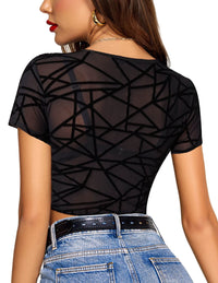 Avidlove Mesh Crop Top for Women Short Sleeve Bodycon Tees Y2k See Through Blouse O Neck Clubwear - 7DAY'S