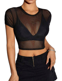 Avidlove Mesh Crop Top for Women Short Sleeve Bodycon Tees Y2k See Through Blouse O Neck Clubwear - 7DAY'S