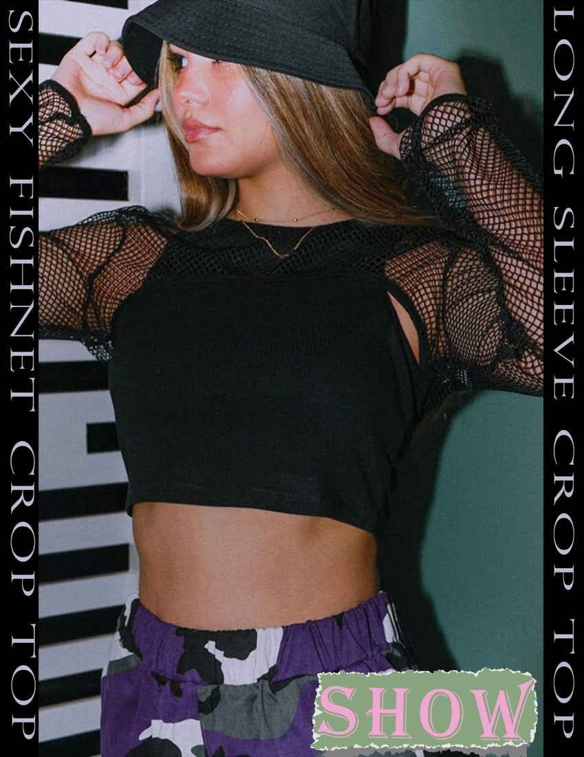 Avidlove Women Fishnet Long Sleeve Crop Top See Through Shirt Sheer Blouse Sexy Outfits - 7DAY'S