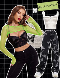 Avidlove Women Fishnet Long Sleeve Crop Top See Through Shirt Sheer Blouse Sexy Outfits - 7DAY'S