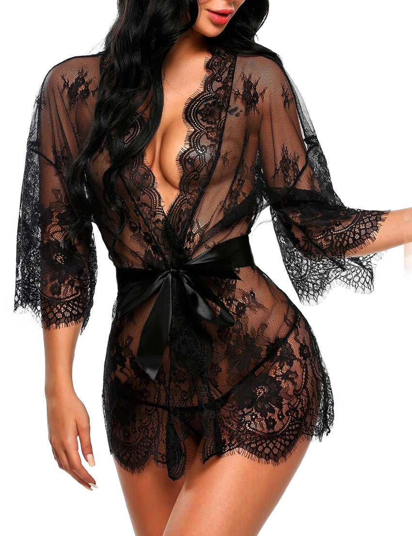 Avidlove Women's Lace Kimono Robe Babydoll Lingerie Mesh Nightgown S - 5XL - 7DAY'S