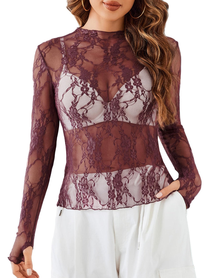 Avidlove Women's Mesh Top Long Sleeve Mock Neck Sheer Blouse See Through Floral Lace Tops - 7DAY'S