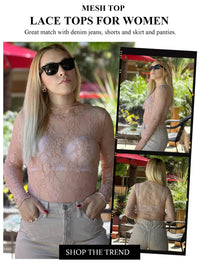 Avidlove Women's Mesh Top Long Sleeve Mock Neck Sheer Blouse See Through Floral Lace Tops - 7DAY'S