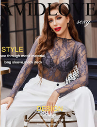 Avidlove Women's Mesh Top Long Sleeve Mock Neck Sheer Blouse See Through Floral Lace Tops - 7DAY'S