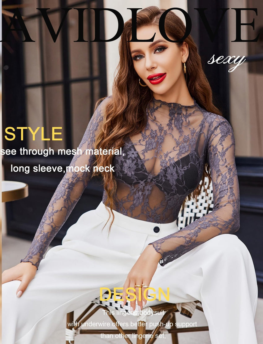 Avidlove Women's Mesh Top Long Sleeve Mock Neck Sheer Blouse See Through Floral Lace Tops - 7DAY'S