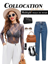 Avidlove Women's Mesh Top Long Sleeve Mock Neck Sheer Blouse See Through Floral Lace Tops - 7DAY'S