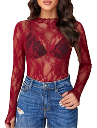 Avidlove Women's Mesh Top Long Sleeve Mock Neck Sheer Blouse See Through Floral Lace Tops - 7DAY'S