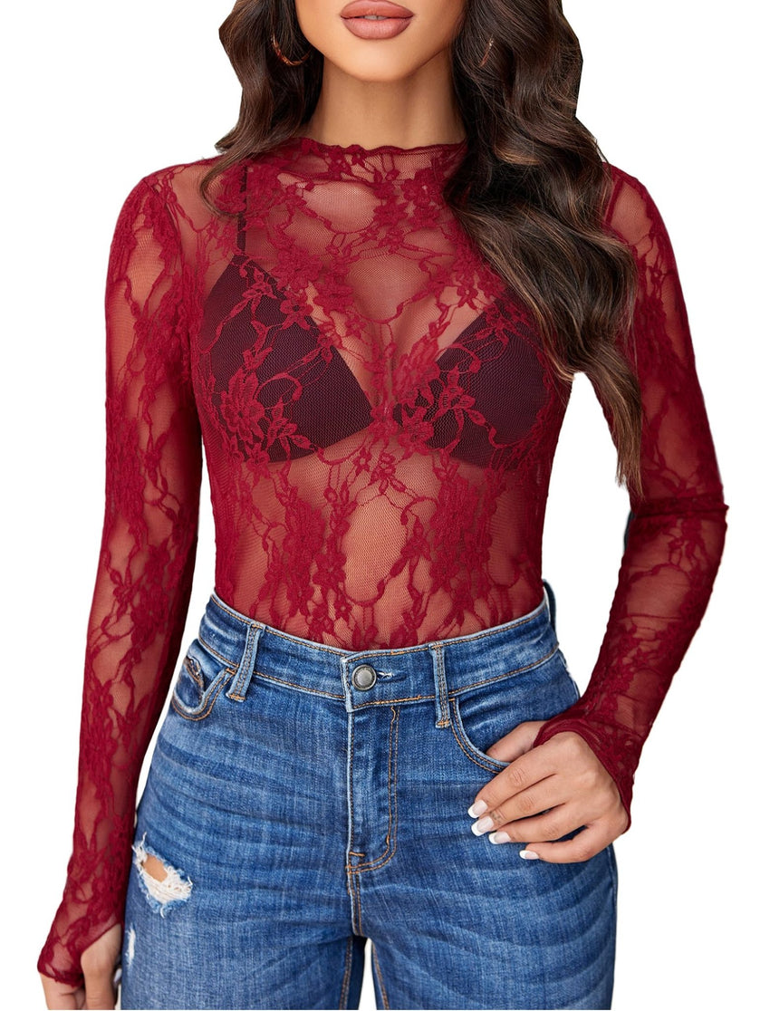 Avidlove Women's Mesh Top Long Sleeve Mock Neck Sheer Blouse See Through Floral Lace Tops - 7DAY'S