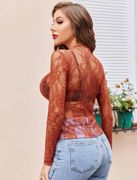 Avidlove Women's Mesh Top Long Sleeve Mock Neck Sheer Blouse See Through Floral Lace Tops - 7DAY'S