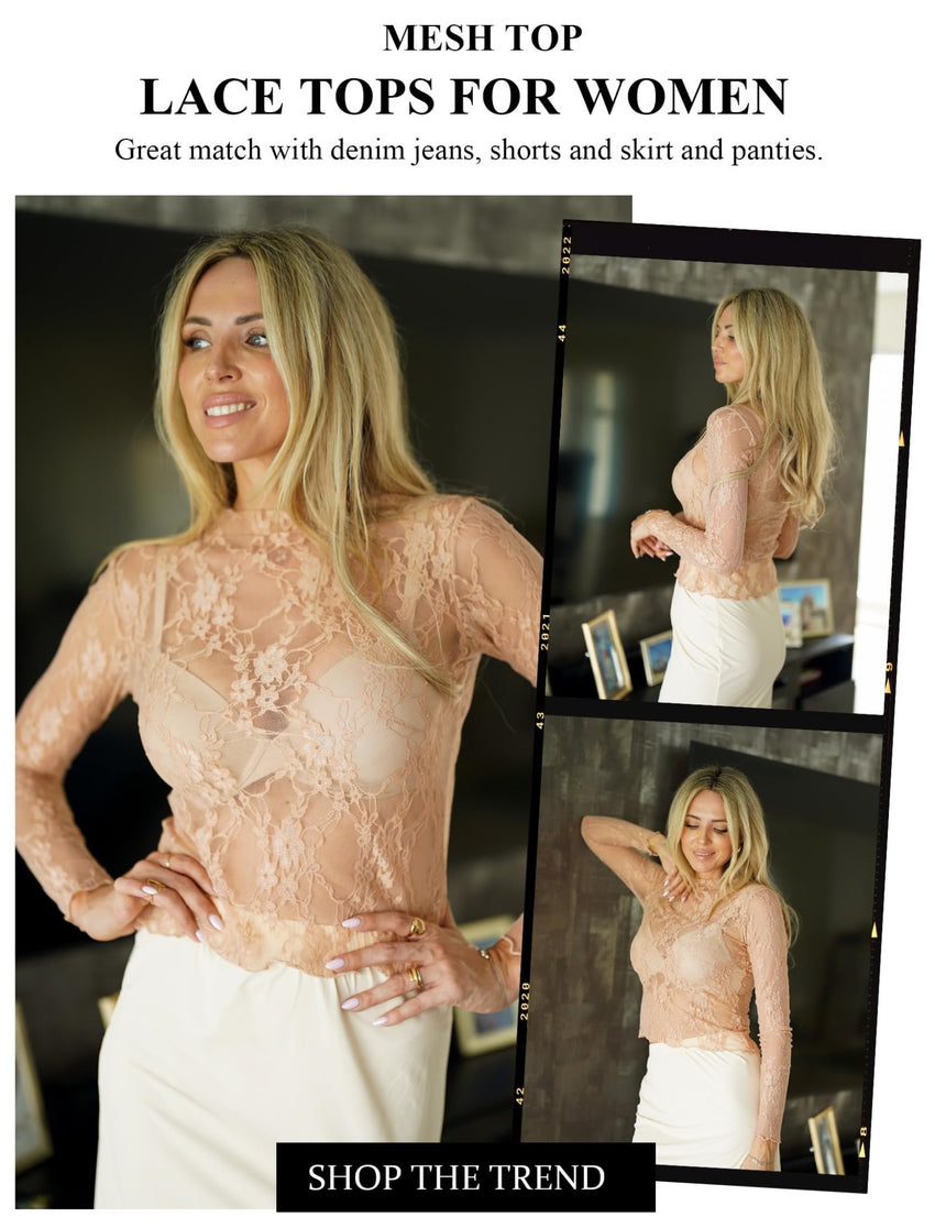 Avidlove Women's Mesh Top Long Sleeve Mock Neck Sheer Blouse See Through Floral Lace Tops - 7DAY'S