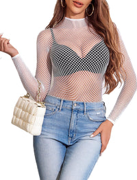 Avidlove Women's Sexy Fishnet Mesh Long Sleeve Tops Mock Neck Sheer Lace See - Through Blouse Bodycon Clubwear Party Tops - 7DAY'S