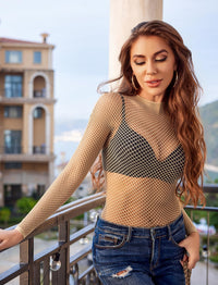 Avidlove Women's Sexy Fishnet Mesh Long Sleeve Tops Mock Neck Sheer Lace See - Through Blouse Bodycon Clubwear Party Tops - 7DAY'S