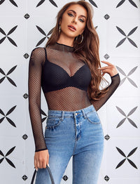 Avidlove Women's Sexy Fishnet Mesh Long Sleeve Tops Mock Neck Sheer Lace See - Through Blouse Bodycon Clubwear Party Tops - 7DAY'S