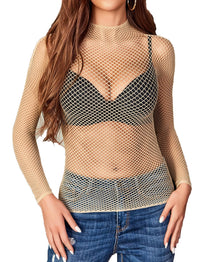 Avidlove Women's Sexy Fishnet Mesh Long Sleeve Tops Mock Neck Sheer Lace See - Through Blouse Bodycon Clubwear Party Tops - 7DAY'S