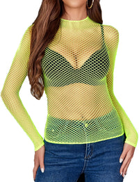 Avidlove Women's Sexy Fishnet Mesh Long Sleeve Tops Mock Neck Sheer Lace See - Through Blouse Bodycon Clubwear Party Tops - 7DAY'S