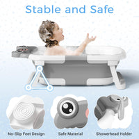 Baby Bathtub, Collapsible Newborn Bathtub for Infant to Toddler 0 - 24 Months with Soft Cushion and Thermometer,Portable Travel Newborn Tub with No - Slip Feet, Baby Shower Gifts,Green - 7DAY'S