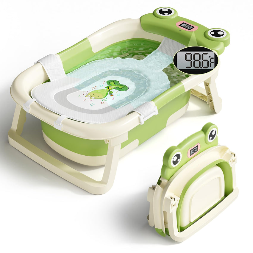 Baby Bathtub, Collapsible Newborn Bathtub for Infant to Toddler 0 - 24 Months with Soft Cushion and Thermometer,Portable Travel Newborn Tub with No - Slip Feet, Baby Shower Gifts,Green - 7DAY'S