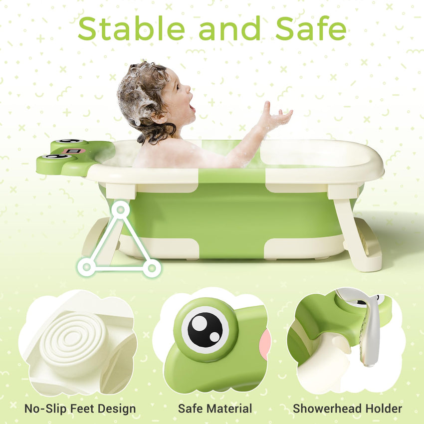 Baby Bathtub, Collapsible Newborn Bathtub for Infant to Toddler 0 - 24 Months with Soft Cushion and Thermometer,Portable Travel Newborn Tub with No - Slip Feet, Baby Shower Gifts,Green - 7DAY'S