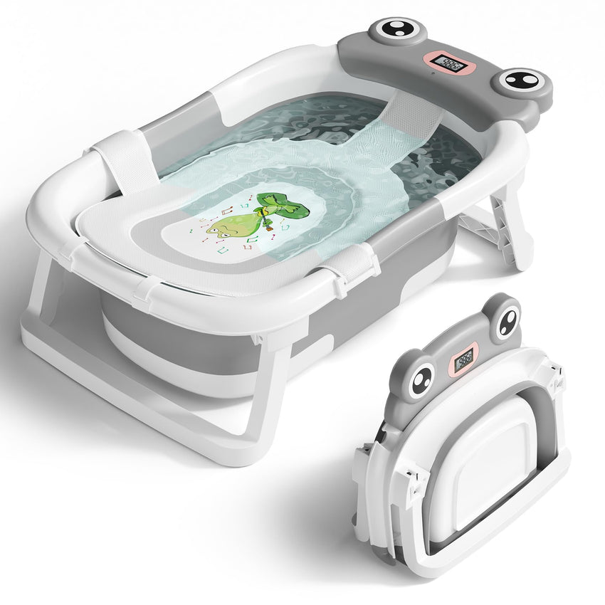 Baby Bathtub, Collapsible Newborn Bathtub for Infant to Toddler 0 - 24 Months with Soft Cushion and Thermometer,Portable Travel Newborn Tub with No - Slip Feet, Baby Shower Gifts,Green - 7DAY'S