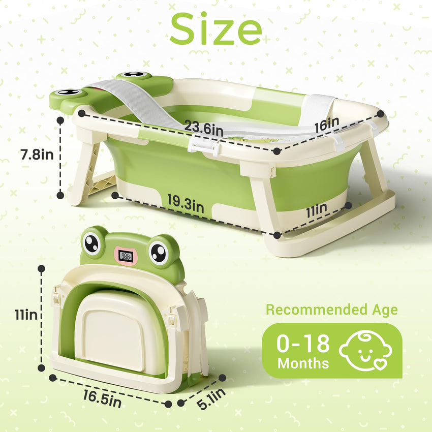 Baby Bathtub, Collapsible Newborn Bathtub for Infant to Toddler 0 - 24 Months with Soft Cushion and Thermometer,Portable Travel Newborn Tub with No - Slip Feet, Baby Shower Gifts,Green - 7DAY'S