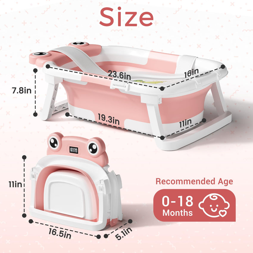 Baby Bathtub, Collapsible Newborn Bathtub for Infant to Toddler 0 - 24 Months with Soft Cushion and Thermometer,Portable Travel Newborn Tub with No - Slip Feet, Baby Shower Gifts,Green - 7DAY'S