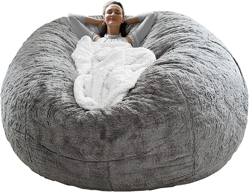 Bag Chair Cover(it was only a Cover; not a Full Bean Bag) Chair Cushion; Big Round Soft Fluffy PV Velvet Sofa Bed Cover; Living Room Furniture; Lazy Sofa Bed Cover; 5ft Light Grey - 7DAY'S