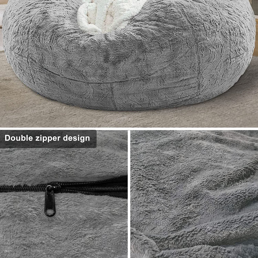 Bag Chair Cover(it was only a Cover; not a Full Bean Bag) Chair Cushion; Big Round Soft Fluffy PV Velvet Sofa Bed Cover; Living Room Furniture; Lazy Sofa Bed Cover; 5ft Light Grey - 7DAY'S