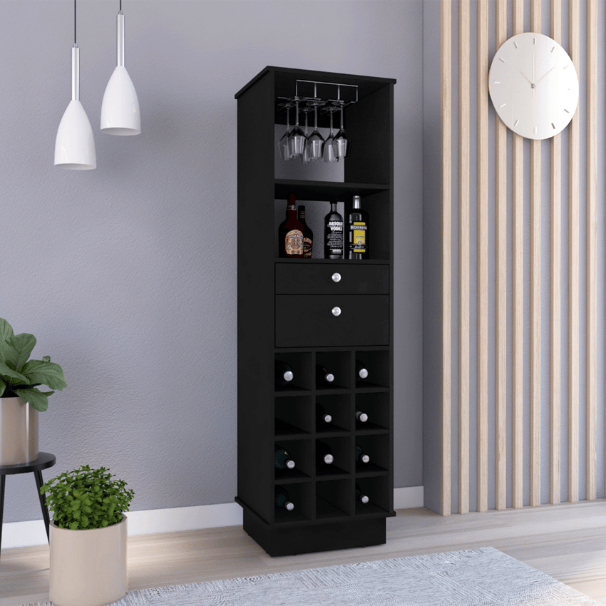 Bar Cabinet Bureck, Two Drawers, Twelve Wine Cubbies, Black Wengue Finish - 7DAY'S