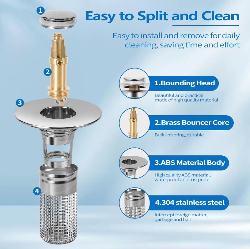 Bathroom Sink Drain Strainer for 1.1 - 1.29 Inch, Pop Up Bathroom Sink Stopper Hair Catcher with Stainless Steel Filter Basket, for US Bathroom Sink Drain Stopper Basin Drain Filter Replacement - 1pcs - 7DAY'S
