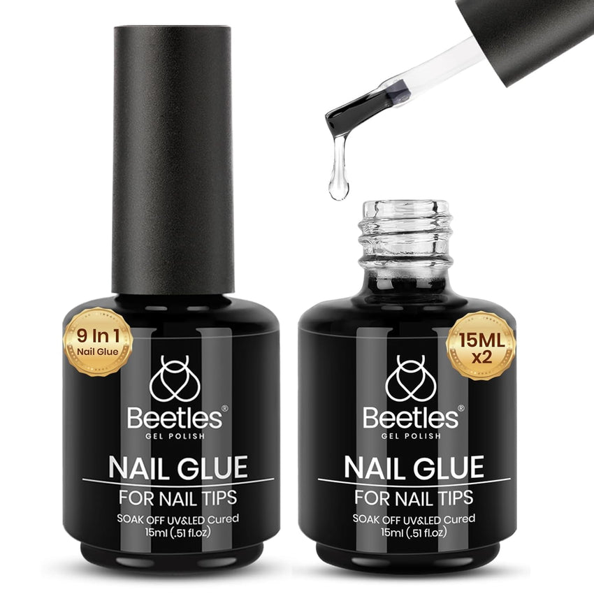 beetles Gel Polish 9 In 1 Gel Nail Glue for Clear Acrylic Nail Tips 2 Pcs 15ml Long Lasting Nail Gel Kit for False Nails Tips, Base Blooming Nail Gel, U V Light Required - 7DAY'S