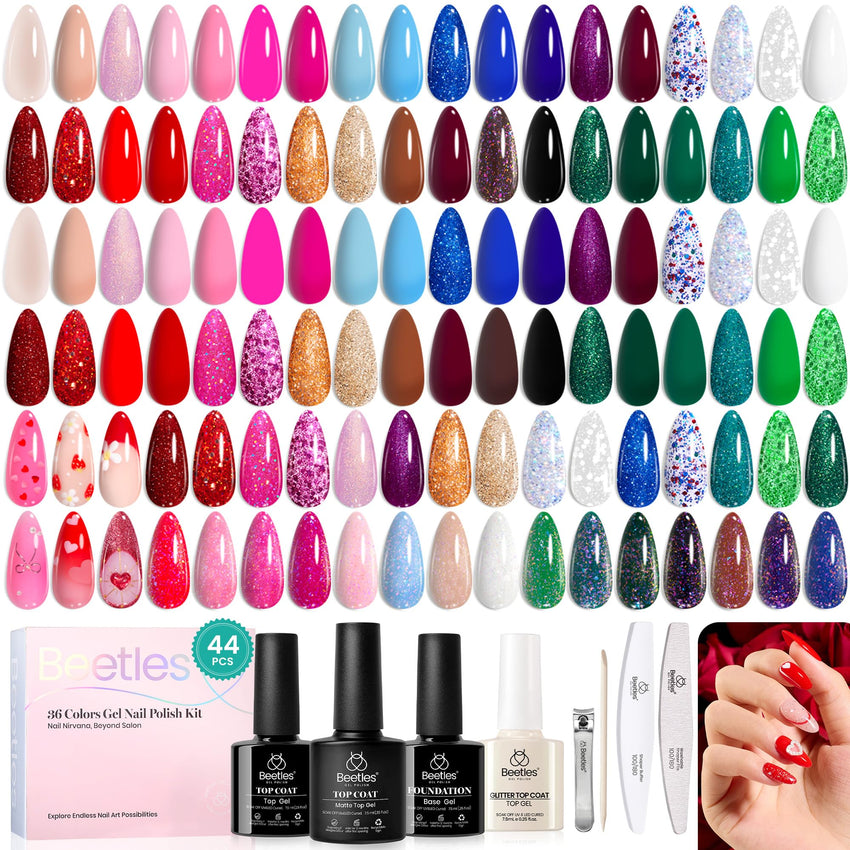 beetles Gel Polish Set Fall Gel Nail Polish Kit 36 Pcs 32 Colors with Base Top Coat Burgundy Red Blue Purple Hot Pink Green Black White Uv LED Lamp Nails Gifts for Women Fingertip Palette - 7DAY'S