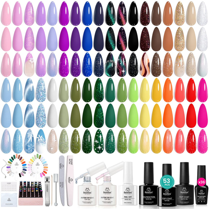 beetles Gel Polish Set Fall Gel Nail Polish Kit 36 Pcs 32 Colors with Base Top Coat Burgundy Red Blue Purple Hot Pink Green Black White Uv LED Lamp Nails Gifts for Women Fingertip Palette - 7DAY'S