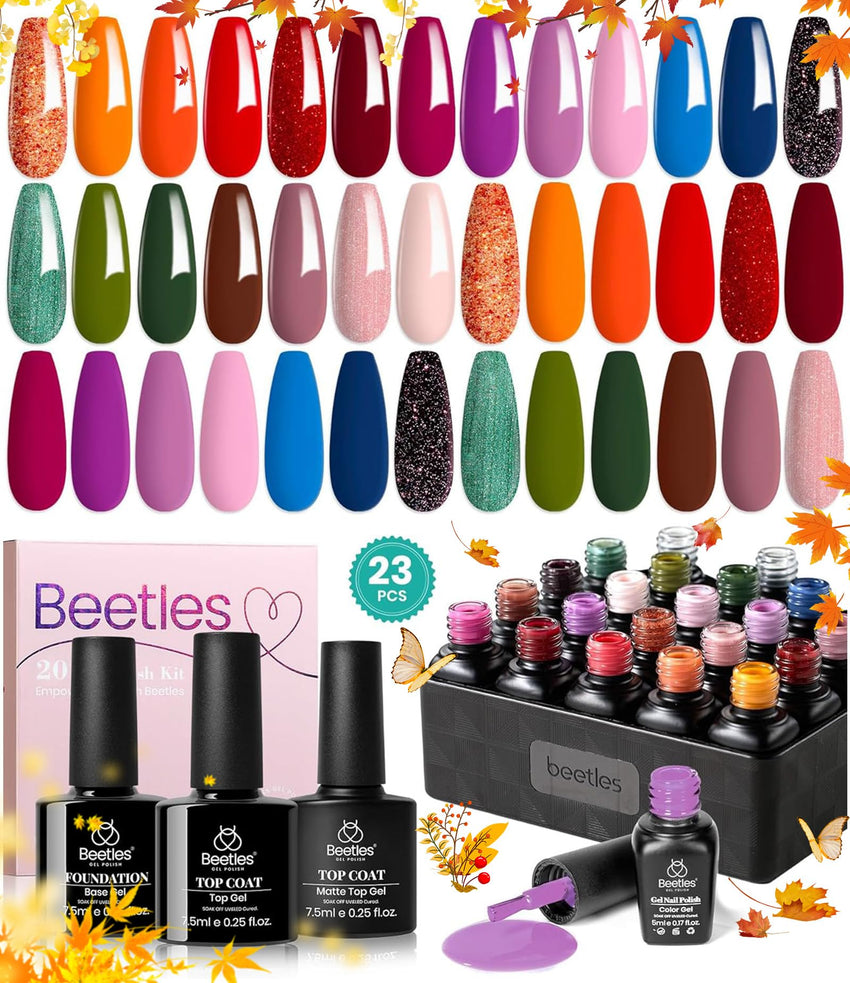 beetles Gel Polish Set Fall Gel Nail Polish Kit 36 Pcs 32 Colors with Base Top Coat Burgundy Red Blue Purple Hot Pink Green Black White Uv LED Lamp Nails Gifts for Women Fingertip Palette - 7DAY'S