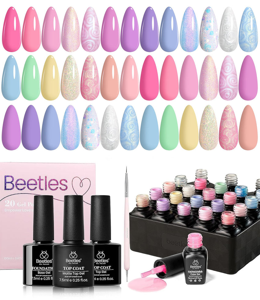 beetles Gel Polish Set Fall Gel Nail Polish Kit 36 Pcs 32 Colors with Base Top Coat Burgundy Red Blue Purple Hot Pink Green Black White Uv LED Lamp Nails Gifts for Women Fingertip Palette - 7DAY'S