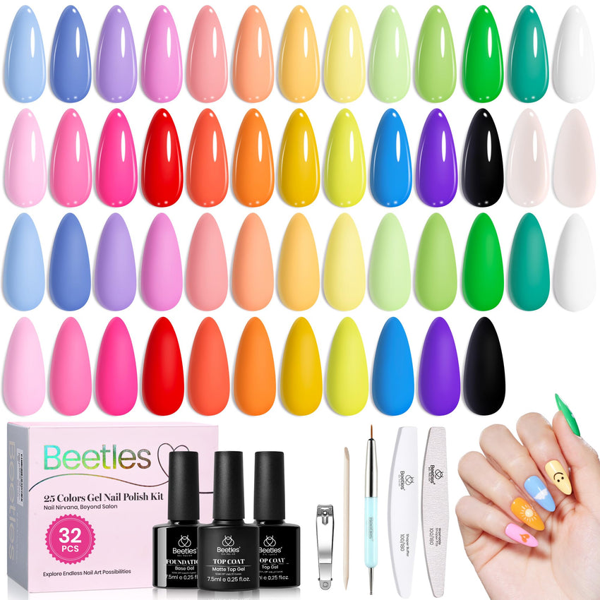 beetles Gel Polish Set Fall Gel Nail Polish Kit 36 Pcs 32 Colors with Base Top Coat Burgundy Red Blue Purple Hot Pink Green Black White Uv LED Lamp Nails Gifts for Women Fingertip Palette - 7DAY'S
