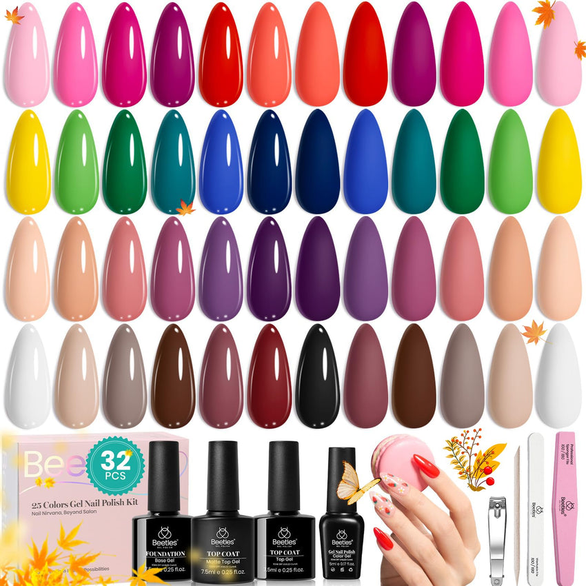 beetles Gel Polish Set Fall Gel Nail Polish Kit 36 Pcs 32 Colors with Base Top Coat Burgundy Red Blue Purple Hot Pink Green Black White Uv LED Lamp Nails Gifts for Women Fingertip Palette - 7DAY'S