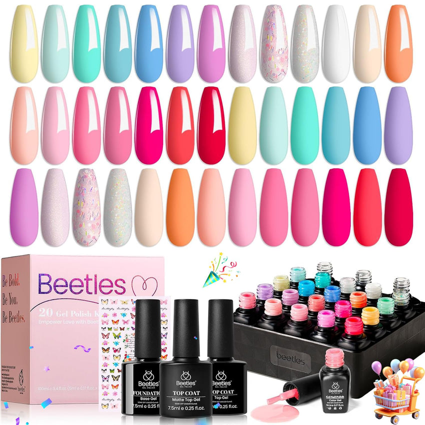 beetles Gel Polish Set Fall Gel Nail Polish Kit 36 Pcs 32 Colors with Base Top Coat Burgundy Red Blue Purple Hot Pink Green Black White Uv LED Lamp Nails Gifts for Women Fingertip Palette - 7DAY'S