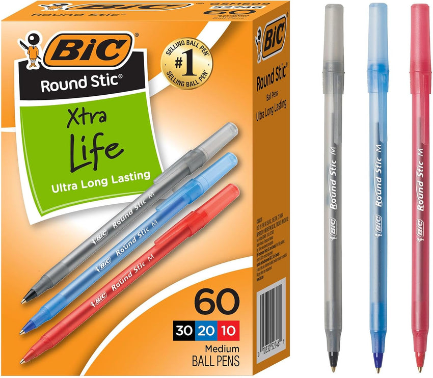BIC Round Stic Xtra Life Ballpoint Pen, Ultra Long Lasting and Consistent Ink Flow, 60 - Count in Black Ink - 7DAY'S