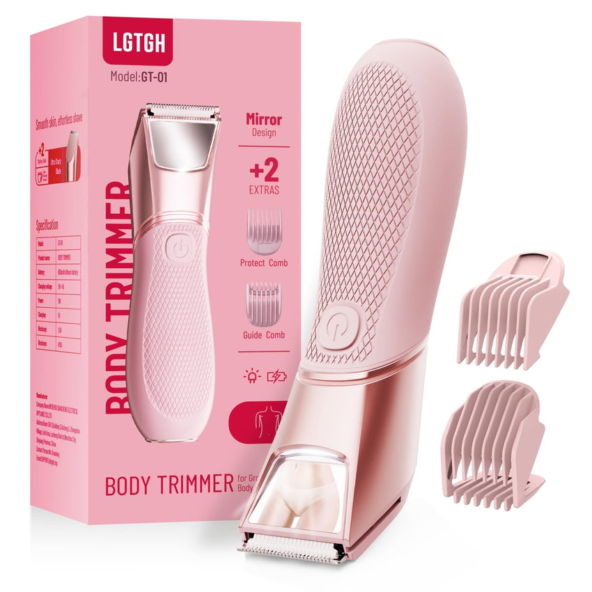 Bikini Trimmer for Women: Mirror Electric Shaver for Body Pubic Hair with LED Light, IPX7 Waterproof Portable Lady Facial Razor with Ceramic Blade,Rechargeable Body Groomer for Leg,Arm,Underarm - 7DAY'S