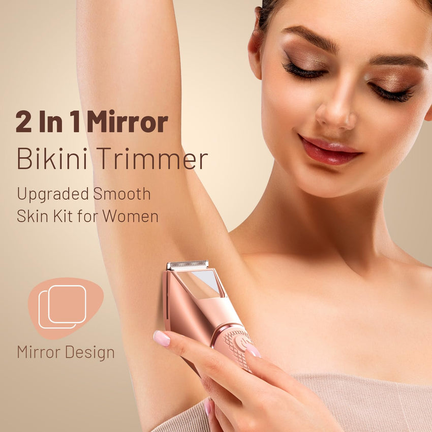 Bikini Trimmer for Women: Mirror Electric Shaver for Body Pubic Hair with LED Light, IPX7 Waterproof Portable Lady Facial Razor with Ceramic Blade,Rechargeable Body Groomer for Leg,Arm,Underarm - 7DAY'S