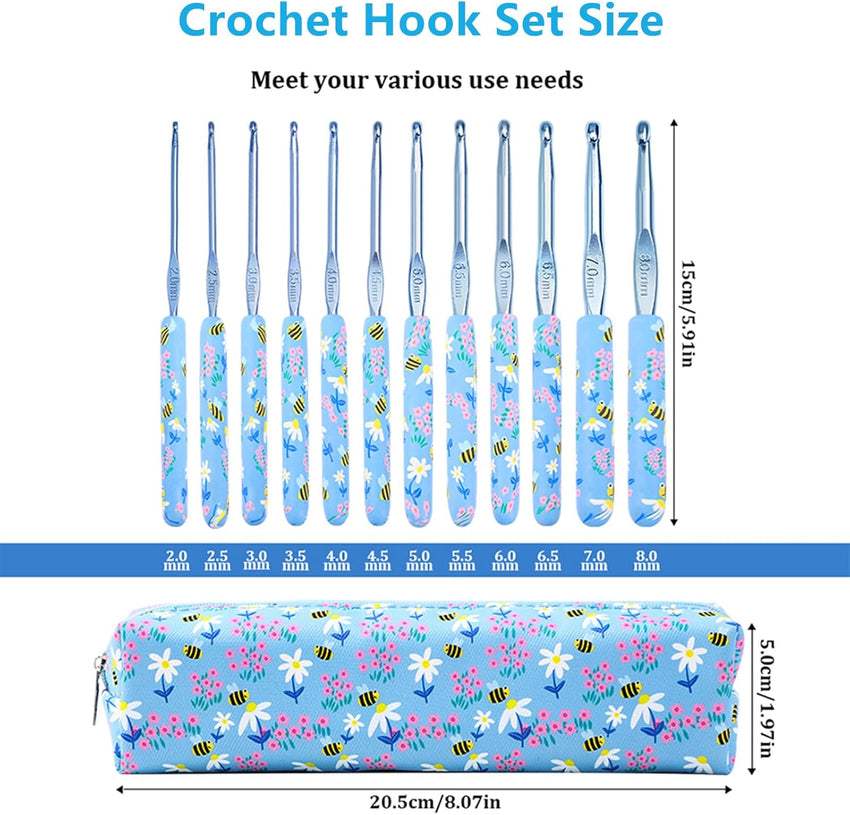 Blingcute 12 Sizes Crochet Hooks,2.0mm - 8.0mm Ergonomic Crochet Hook Set with Soft Grip Handles,Aluminum Crochet Needles for Arthritic Hands,Crochet Needle Kit with Blue Case for Crocheters. (Blue) - 7DAY'S