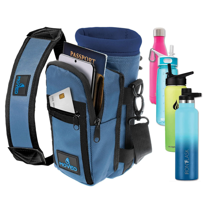 Blue Water Bottle Holder Carrier Bottle Cooler w Adjustable Shoulder Strap and Front Pockets Suitable for 16 oz to 25oz Bottles Carry Protect Insulate Your Bottle or Hydro Flask - 7DAY'S