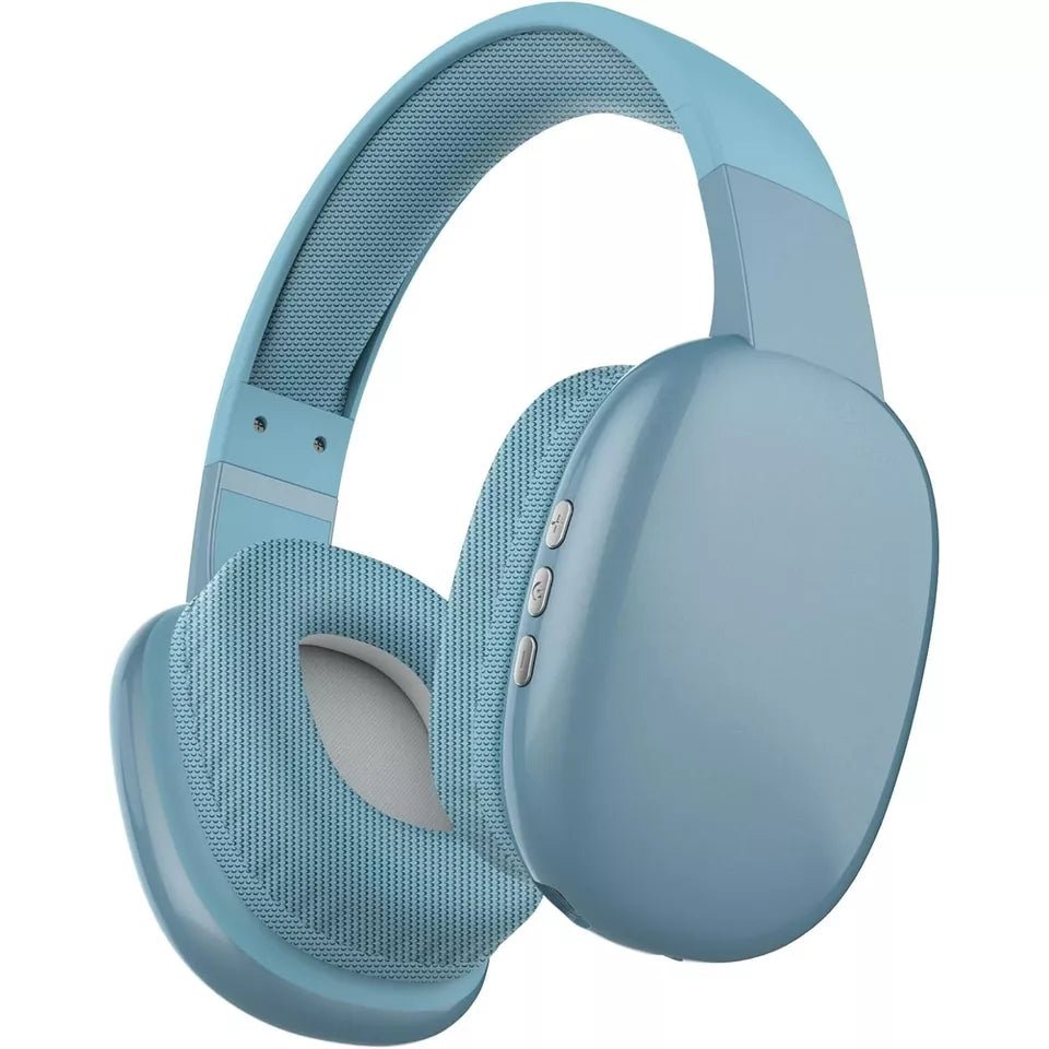 Light blue over-ear wireless headphones with mesh ear cups and control buttons, ideal for music and calls.